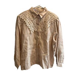 Vtg 70s Prairie Beige Button Up Blouse 20W Cali Lace Collar Long Sleeves Western